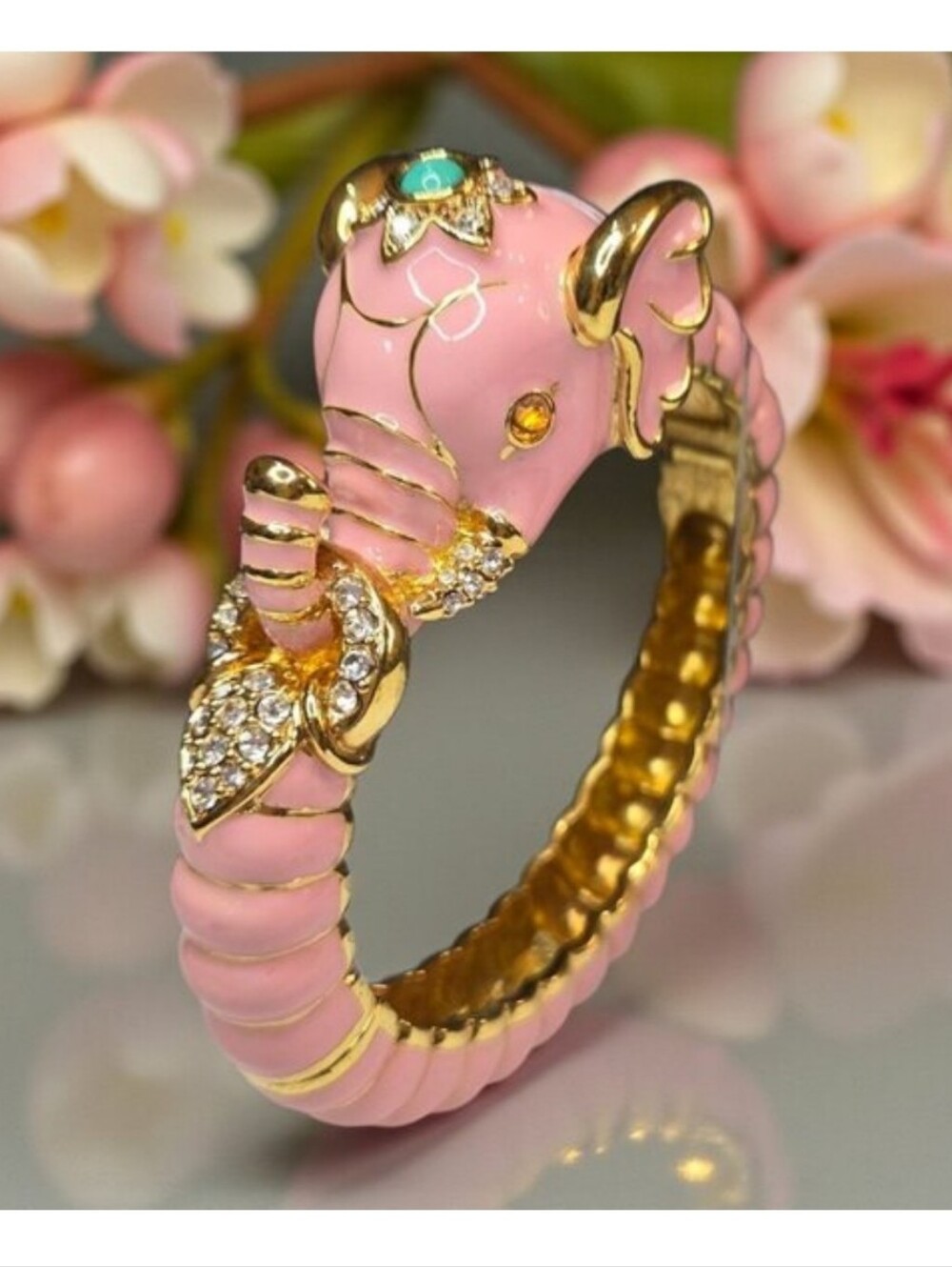 Kenneth Lane Most Adorable Vintage Pink Raj Elephant Clamper Bangle Bracelet